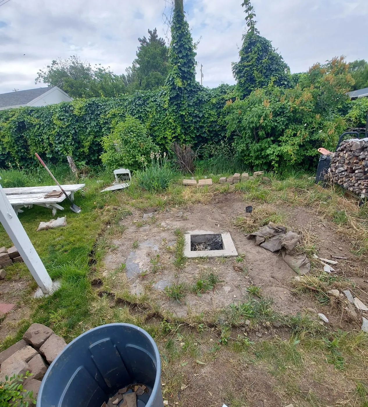 Before: Bare backyard to fire-pit patio